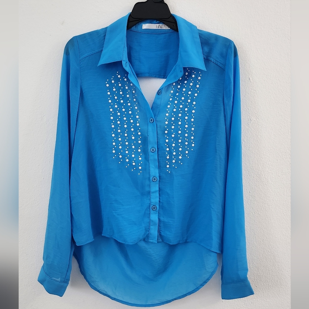 Have Blouse Womens Blue Long Sleeve Silky Soft Size Small